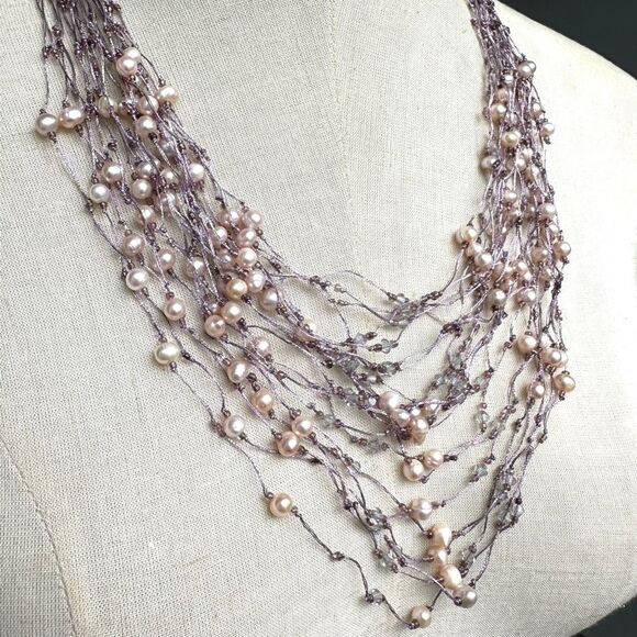 Purple multi strand fresh water pearl crystal statement necklace - Picture 7 of 11